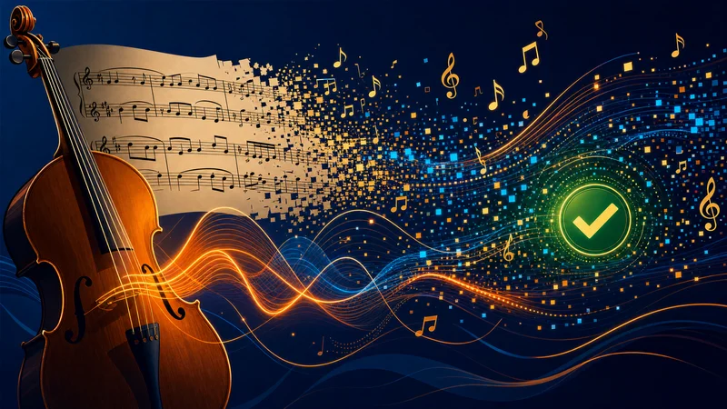 Illustration d'une partition de musique classique se transformant en flux de données numériques, avec un badge de vérification vert, symbolisant la tension entre création musicale humaine et production algorithmique