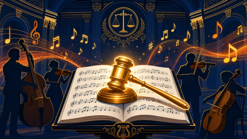 Partition musicale ouverte avec un marteau de juge doré posé dessus, silhouettes de musiciens à cordes en arrière-plan bleu nuit — copyright musique IA Cour suprême