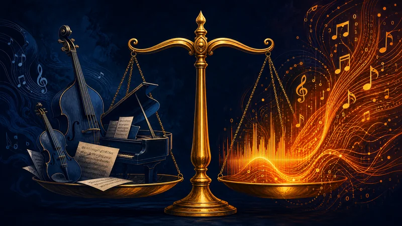 Balance dorée symbolisant l'équilibre entre instruments de musique acoustiques et flux de données musicales numériques générés par IA