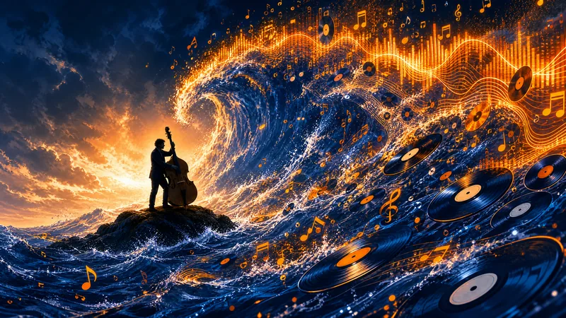Contrebassiste humain sur un îlot face à un tsunami de notes de musique et d'ondes sonores numériques, symbolisant la déferlante de musique générée par IA sur les plateformes de streaming