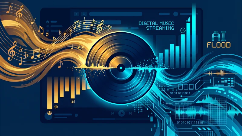 Vinyle musical se dissolvant en flux de données numériques — illustration de la musique IA sur les plateformes de streaming