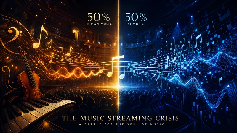 Illustration symbolisant la crise du streaming musical : côté gauche, instruments acoustiques dorés (violon, piano) représentant la musique humaine ; côté droit, ondes numériques bleues représentant la musique générée par IA — séparés par une ligne lumineuse