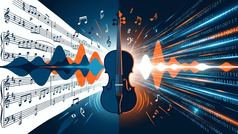 Contrebasse et partition musicale se transformant en flux de données numériques — illustration de l'invasion de la musique IA sur les plateformes de streaming