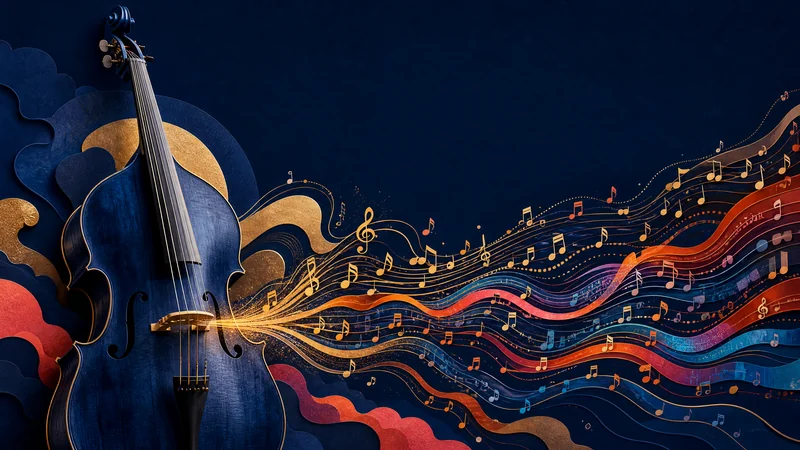 Contrebasse bleu nuit dont les cordes donnent naissance à des ondes et notes musicales dorées, orange et corail, illustrant le volume des sorties musicales et la transparence de l’IA