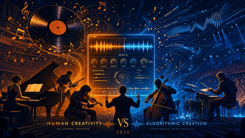 Musiciens en salle de concert face à une interface de remix IA — créativité humaine contre création algorithmique en 2026