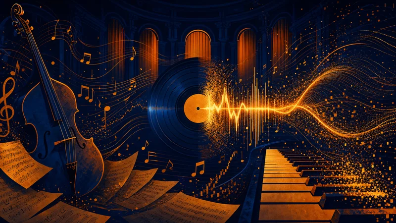 Vinyle se transformant en ondes sonores numériques dorées, contrebasse et piano dans une salle de concert bleu nuit — accord Spotify Universal Music IA