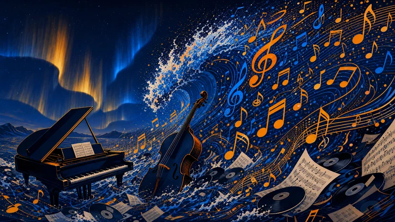 Vague de notes de musique et d'algorithmes submergant un piano à queue et une contrebasse — tsunami de l'IA musicale sur le streaming