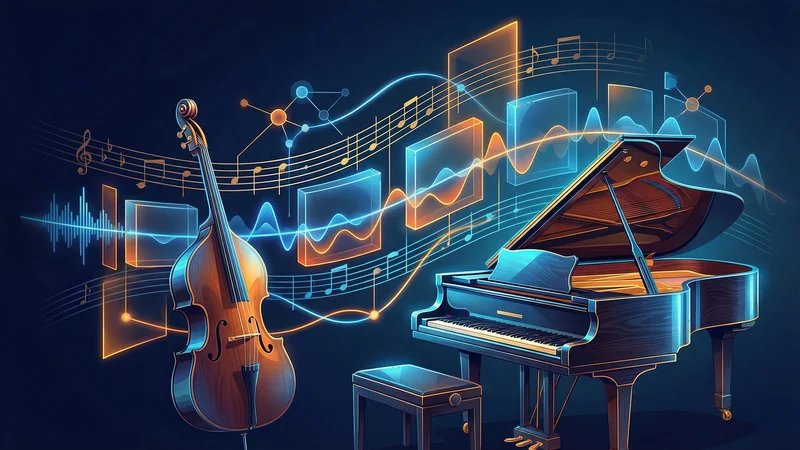 Illustration musicale abstraite montrant une contrebasse, un piano et des formes d'onde structurées en bleu marine et orange pour évoquer le tutoriel Google Lyria 3 Pro