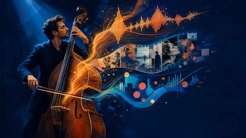 Contrebassiste dont les ondes sonores se transforment en séquences visuelles colorées
