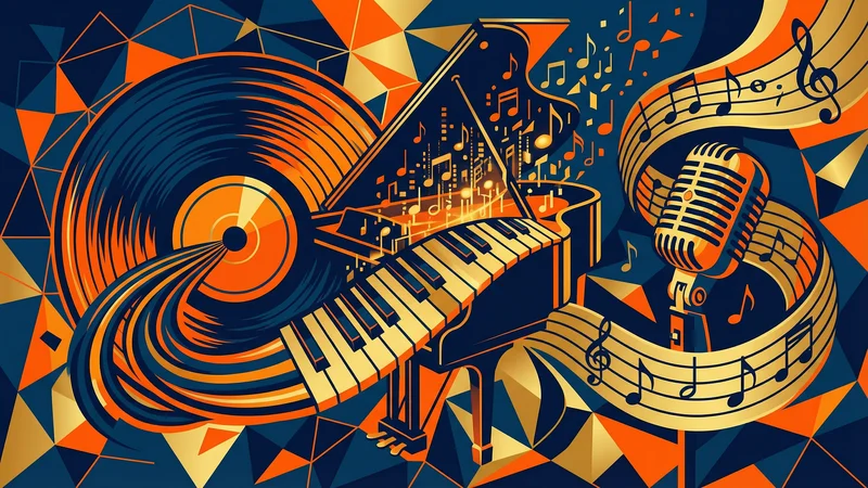 Illustration musicale abstraite représentant le comparatif des générateurs de musique IA : vinyle, piano à queue et microphone en couleurs franches bleu marine et orange