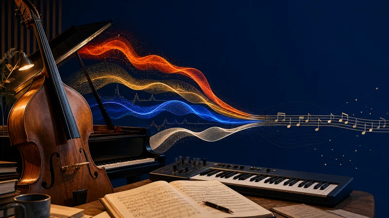 Contrebasse, piano et clavier MIDI dans un studio, reliés par des ondes sonores colorées évoquant un comparatif d’outils d’IA musicale