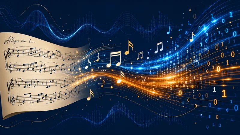 Partition musicale se transformant en données numériques - transcription musicale par intelligence artificielle