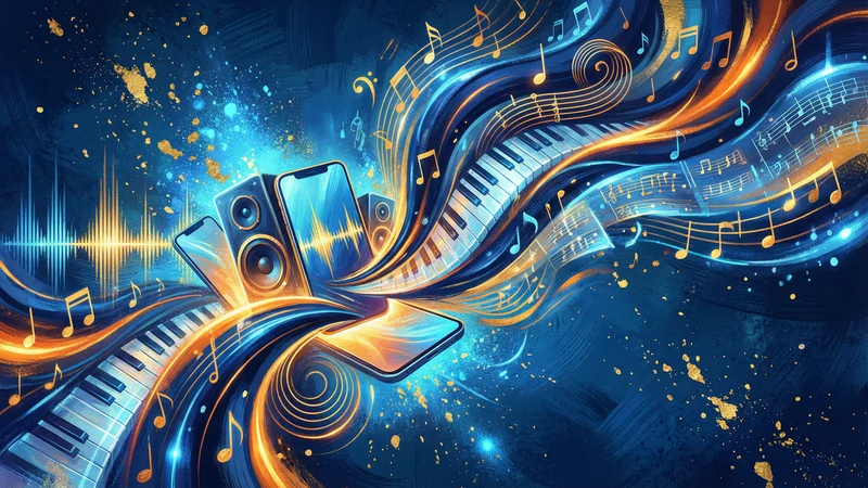 Illustration représentant l'explosion des outils de génération musicale par IA comme ElevenMusic, Suno et Lyria