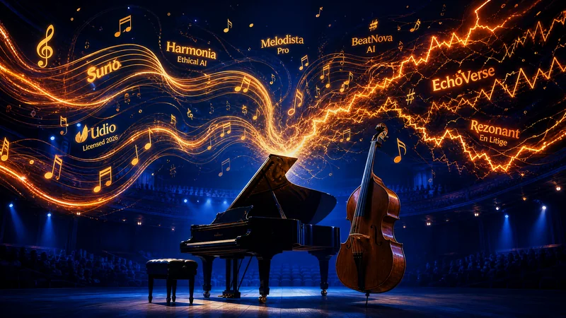 Scène de concert avec piano à queue et contrebasse baignés dans une lumière bleu marine, avec des ondes sonores dorées et orangées s'affrontant dans les airs — symbole de la guerre des plateformes IA musicales en 2026