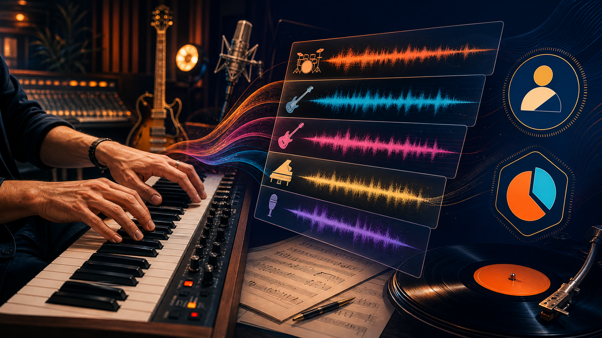 Musicien jouant du clavier au milieu de pistes audio colorées et de symboles de transparence, illustrant les labels de musique assistée ou générée par IA