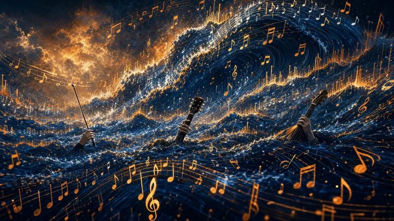 Illustration dramatique d'une vague de notes de musique et d'ondes sonores numériques submergant des instruments humains — symbole de l'invasion de la musique générée par IA sur les plateformes de streaming