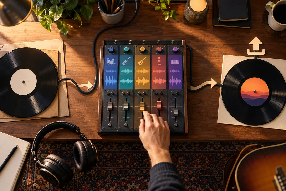 Deux disques reliés par une console de mixage à pistes séparées, évocation du circuit entre SoundCloud et Moises