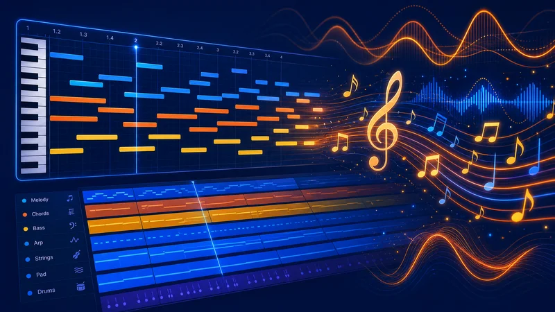Piano roll MIDI coloré avec notes bleues, oranges et dorées sur fond bleu marine, illustrant l'export MIDI de Mureka V9 vers un DAW