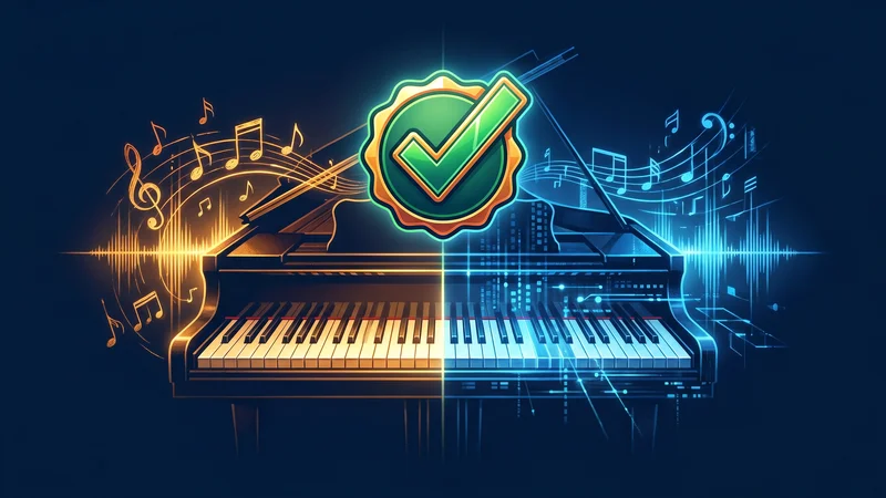 Illustration conceptuelle de l'authentification musicale face à l'IA : piano à queue partagé entre lumière chaude humaine et lumière froide numérique, avec un badge vert de vérification
