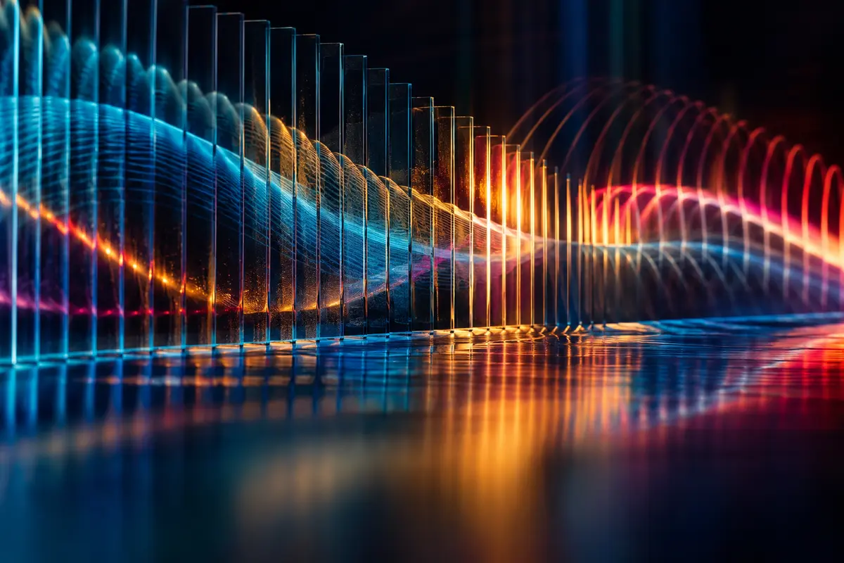 Lignes lumineuses bleues, rouges et dorées dont la régularité se transforme en mouvement organique