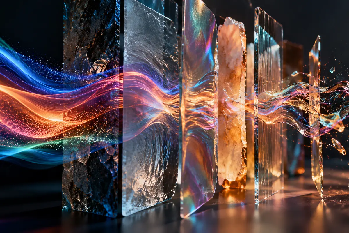 Ondes lumineuses colorées traversant des parois de verre, évocation des conditions contractuelles d’une plateforme musicale