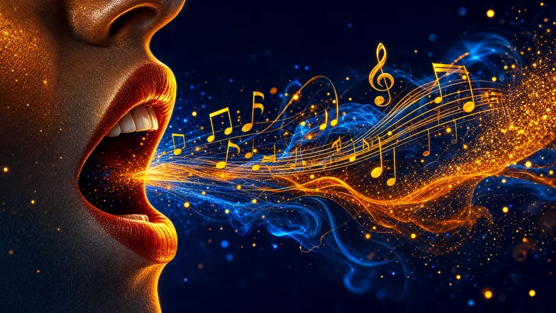 Voix humaine chantante entourée de notes de musique dorées et d'ondes sonores bleues, illustrant le clonage vocal IA avec Suno v5.5
