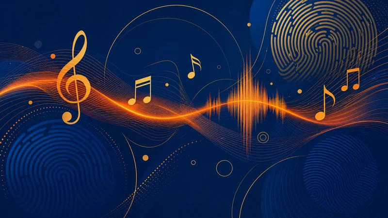 Illustration abstraite de la musique et de la régulation technologique avec des ondes sonores et des empreintes digitales