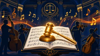 Partition musicale avec marteau de juge doré et musiciens en silhouette — copyright musique IA Cour suprême