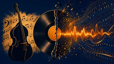 Vinyle brisé entre contrebasse et ondes numériques — droits d'auteur musique IA 2026