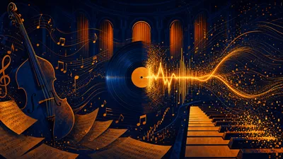 Vinyle se transformant en ondes sonores numériques dorées — accord Spotify Universal Music IA