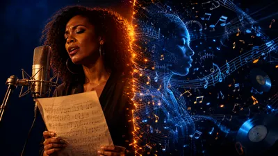 Chanteuse au micro face à son double numérique — vol d'identité musicale par l'IA