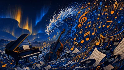 Vague de notes de musique et d'algorithmes submergant un piano et une contrebasse — tsunami IA musicale