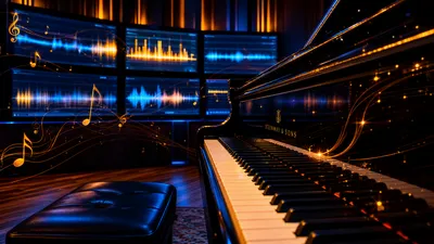 Piano à queue et écrans d'analyse audio illustrant le comparatif des générateurs de musique IA