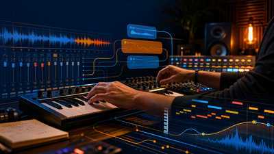 Producteur utilisant un clavier MIDI et une console de mixage avec pistes audio, routages et notes de piano roll colorés, illustrant Gopher dans FL Studio 2026