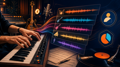 Musicien jouant du clavier au milieu de pistes audio colorées et de symboles de transparence, illustrant les labels de musique assistée ou générée par IA