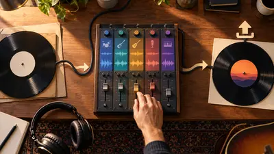 Deux disques reliés par une console de mixage à pistes séparées, évocation du circuit entre SoundCloud et Moises