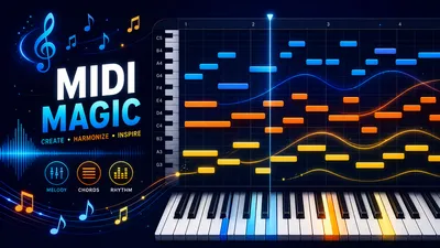 Piano roll MIDI coloré avec notes bleues, oranges et dorées sur fond bleu marine, illustrant l'export MIDI de Mureka V9 vers un DAW