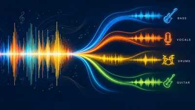 Ondes sonores colorées se divisant en pistes instrumentales — séparation de stems par IA