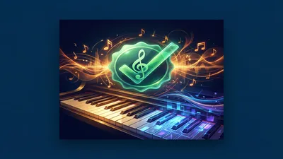 Piano à queue partagé entre lumière humaine et lumière numérique avec badge de vérification vert