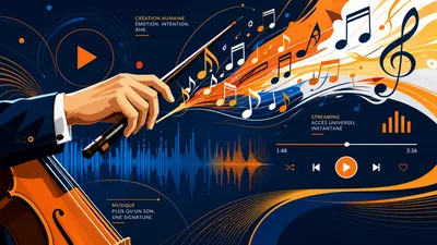 Baguette de chef d'orchestre et notes de musique face aux interfaces de streaming numérique, symbolisant la tension entre création humaine et IA