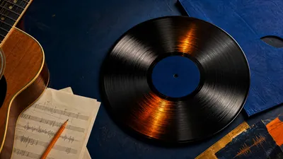 Disque vinyle noir sur table bleu marine, entouré d'une guitare acoustique, de partition et de notes orange, illustrant la préparation d'une musique assistée par IA pour le vinyle
