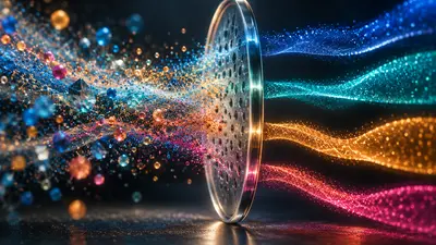 Flux lumineux colorés traversant un filtre abstrait, évocation du contrôle de la distribution musicale