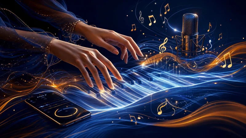 Mains jouant sur un piano lumineux avec des notes de musique et des ondes sonores en bleu marine et orange, illustrant la génération musicale IA avec Eleven Music