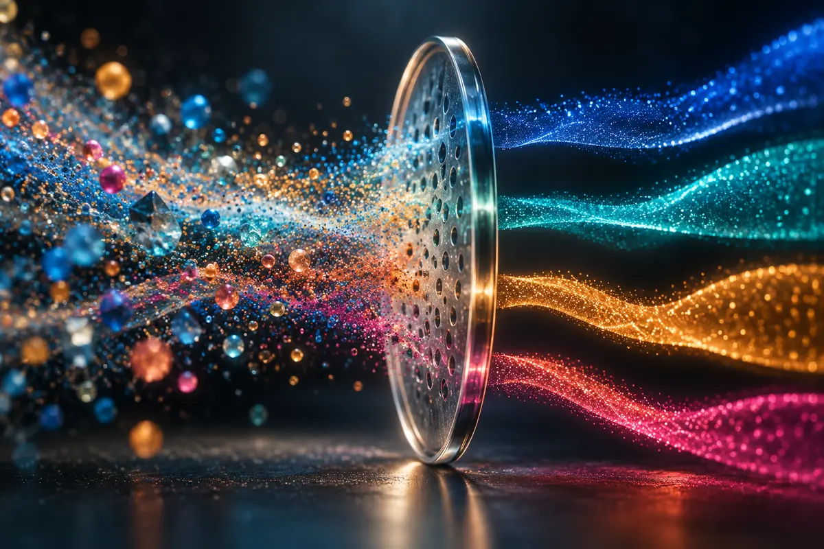 Flux lumineux colorés traversant un filtre abstrait, évocation du contrôle de la musique avant sa distribution numérique