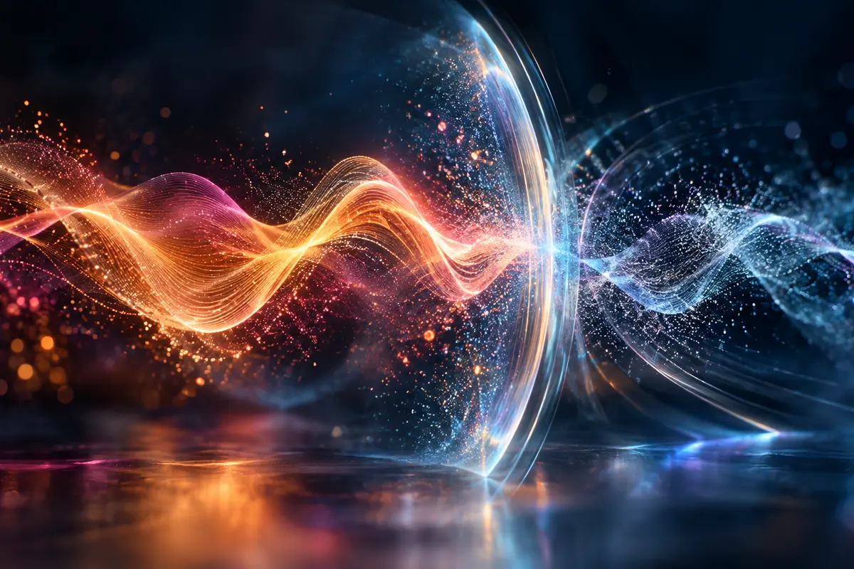 Ondes vocales lumineuses orange et bleues séparées par une paroi translucide protectrice